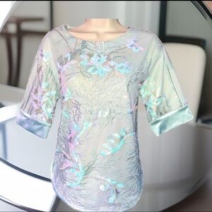 EVA FRANCO X Anthropologie X Mint Aqua Ligh Green Sequin Mesh Lace Floral Blouse